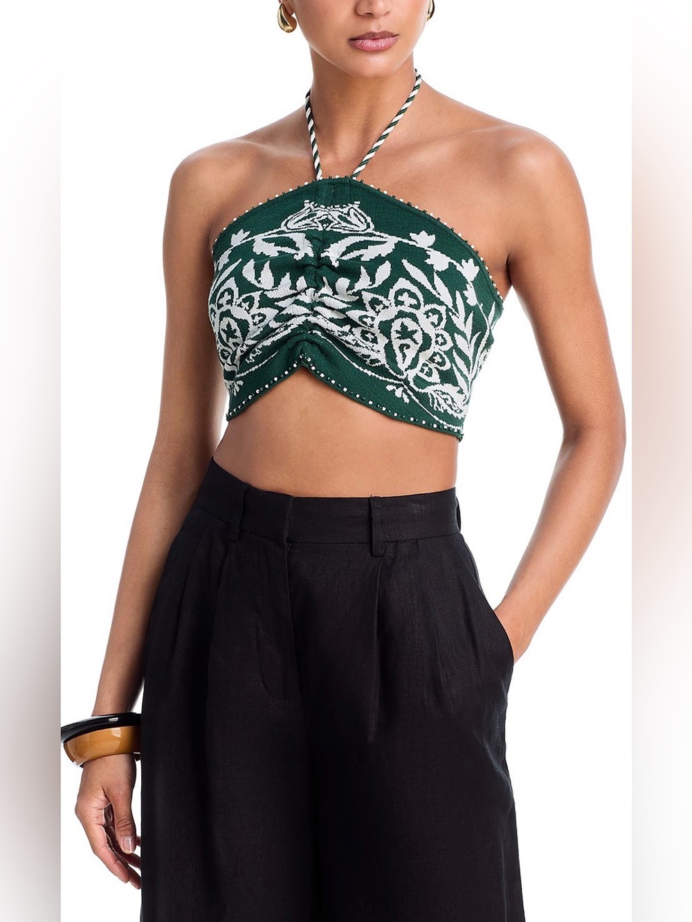 FARM Rio Dark Green Miranda Beaded Knit Top